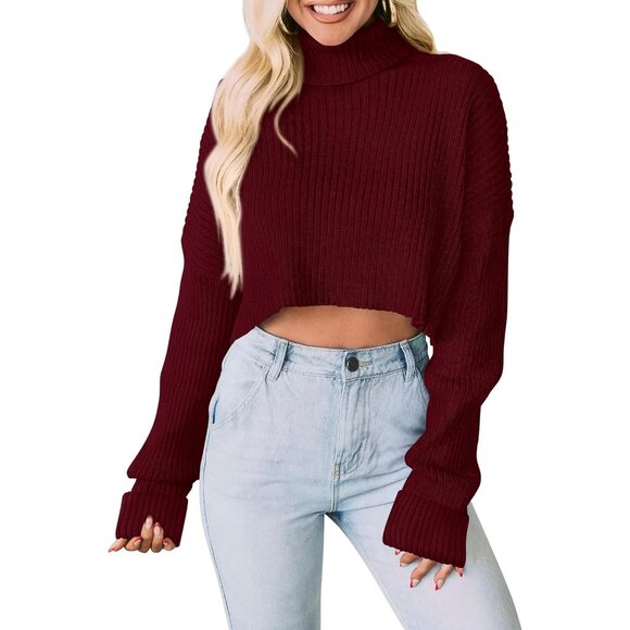 Women's Cropped Turtleneck Sweater Knit Long Sleeve Fall Winter Casual Top - Picture 1 of 8